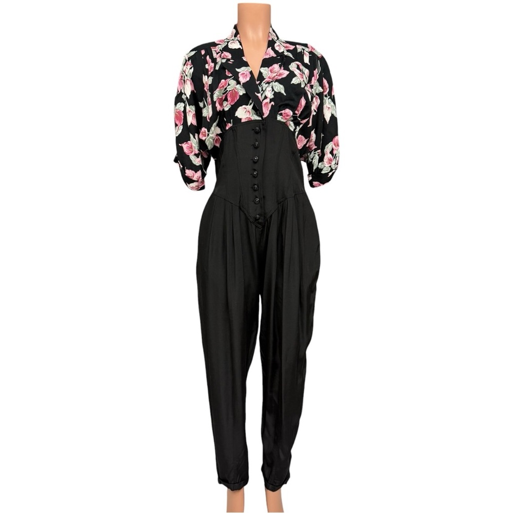 Vintage 80s Jumpsuit Black Pink Floral  Size 12 Foxy Lady Funky Unique Jumpsuit - Picture 11 of 12
